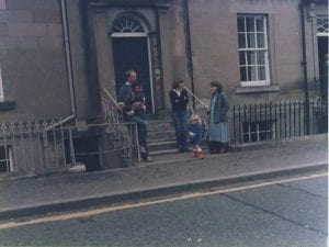 Outside Stuart and Christine Taits house with Ian Sproule on the steps and Judith Brydon iwith Gemma at the front